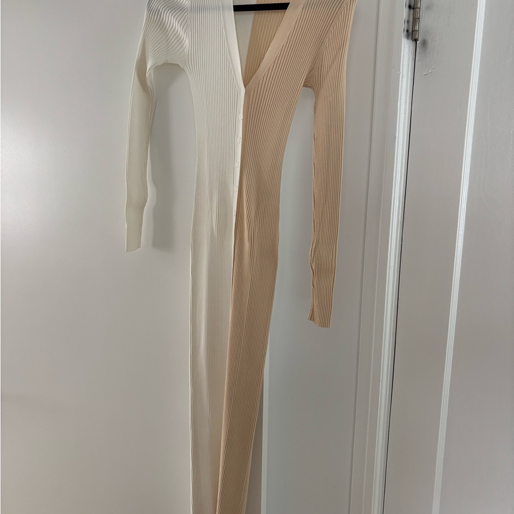 STAUD Shoko Rib Knit Sweater Dress, White and Tan, XS